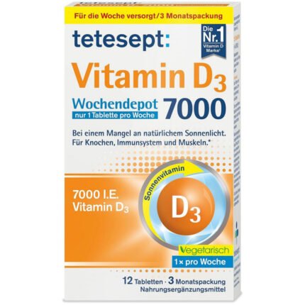 فيتامين د3 7.000 وحدة دولية مخزن للأسبوع.tetesept Vitamin D3 7.000 I.E. Wochendepot Tabletten 12 St, 6 g