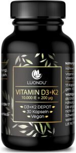 فيتامين D3 10.000 وحدة دولية + فيتامين K2 MK7 200 ميكروغرام (جرعة عالية ونباتي) | بدون إضافات، منتج في ألمانيا (30 كبسولة) – قد يختلف التغليف.D3+K2