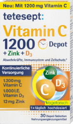 فيتامين سي 1200 دبوت + زنك + فيتامين د3 أقراص .tetesept Vitamin C 1200 Depot + Zink + D3 Tabletten 30 St