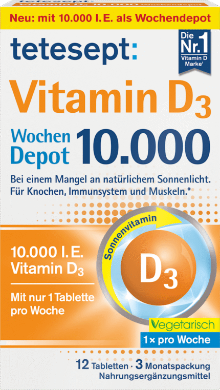 فيتامين د3 10.000 وحدة دولية مخزن للأسبوع .tetesept Vitamin D3 10.000 I.E. Wochendepot Tabletten 12 St, 6 g