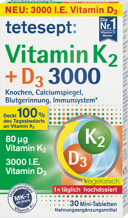 فيتامين K2 + D3 أقراص صغيرة 3000، 30 قرصًا.tetesept Vitamin K2 + D3 3000 Mini-Tabletten 30 St, 9,2 g