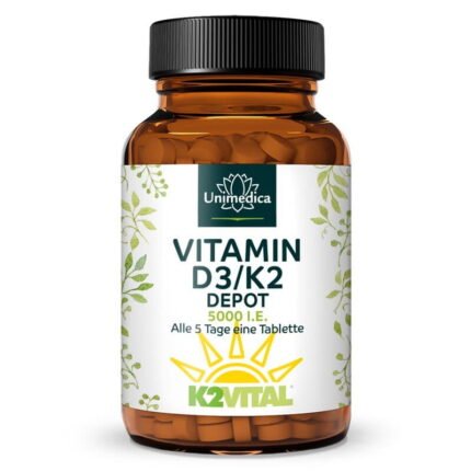فيتامين د3/ك2.Vitamin D3 / K2 5000 I.E. Depot - 125 µg D3 und 100 µg K2 pro 5 Tagesdosis - 180 Tabletten